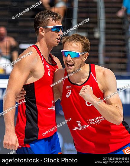 Ondrej Perusic, right, and David Schweiner of Czech Republic in action during the Ostrava Beach Open 2021 tournament, part of the Beach Volleyball World Tour...