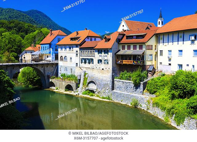 The Selca Sora River and Cappuchin Bridge in Skofja Loka. Upper Carniola region. Slovenia, Europe