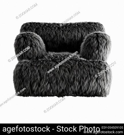 Beautiful black fluffy chair made of wool on isolated background front view. 3D rendering