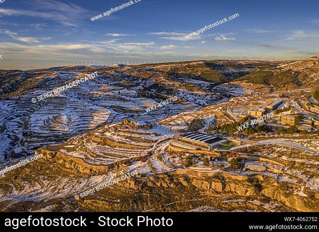 Morella medieval city aerial view, in a winter sunset, after a snowfall (Castellón province, Valencian Community, Spain)