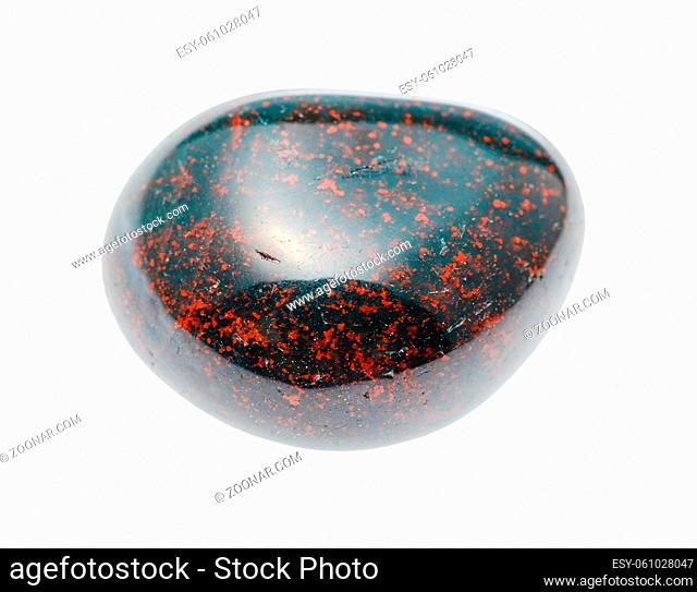macro photography of sample of natural mineral from geological collection - polished Heliotrope (Bloodstone) gemstone isolated on white background