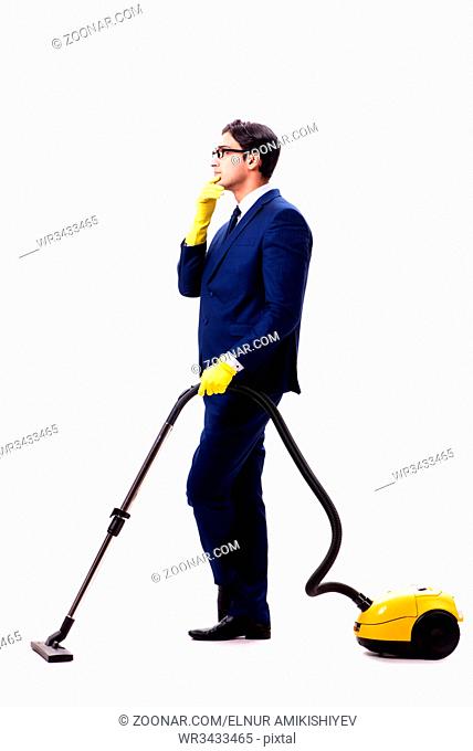 Handsome businessman with vacuum cleaner isolated on white background