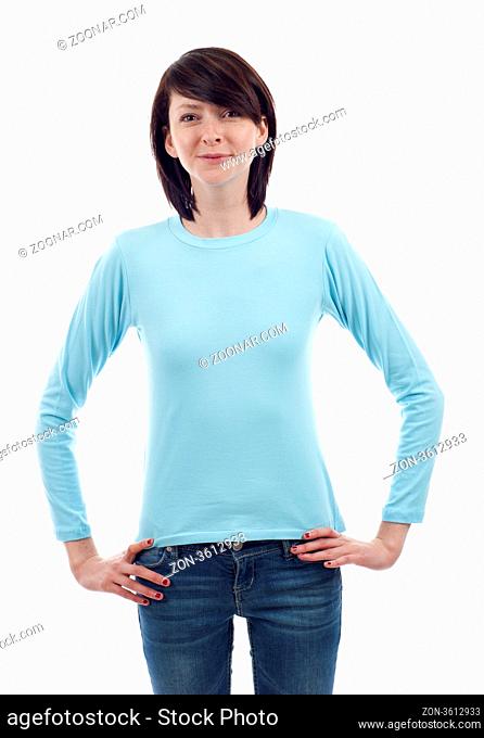 Young beautiful woman with blank light blue long sleeve shirt, Ready for your design or logo