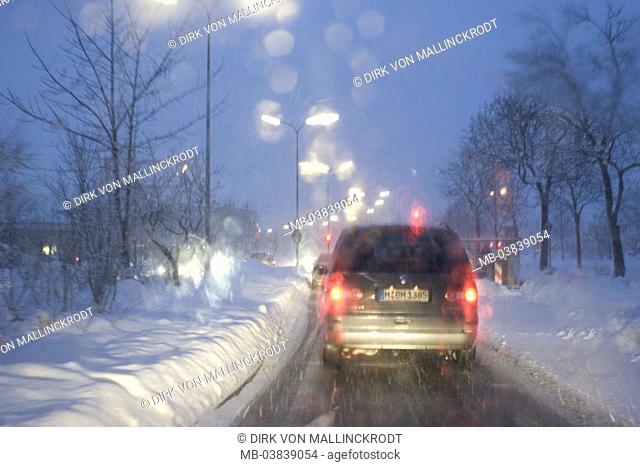 Street, traffic, car, gaze,  Windscreen, vehicle,  Tail-lights, snowfall, twilight,  Traffic, private car, vehicle, blizzard, storm, snow, wetness, cold