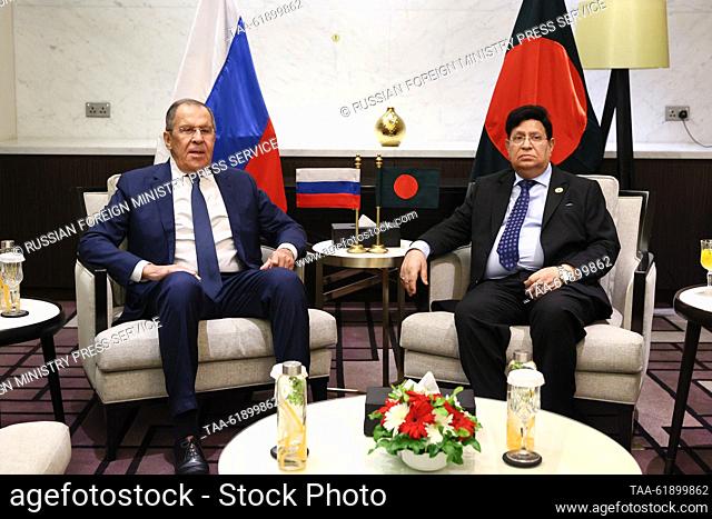 BANGLADESH, DHAKA - SEPTEMBER 7, 2023: Russia's Minister of Foreign Affairs Sergei Lavrov (L) and Bangladesh's Minister of Foreign Affairs Abul Kalam Abdul...