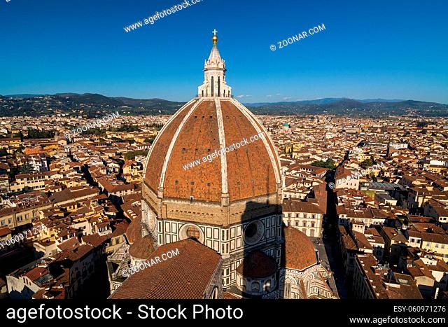 Rooftop view the Basilica di Santa Maria del Fiore (Basilica of Saint Mary of the Flower). Aerial view from Giotto's Campanile