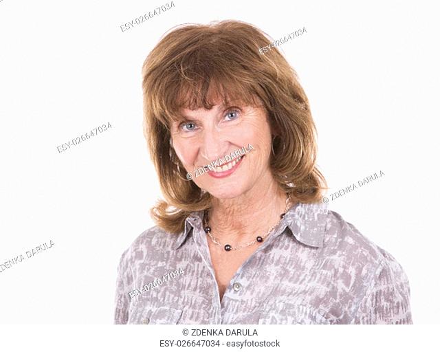 older caucasian woman wearing casual outfit on white isolated background