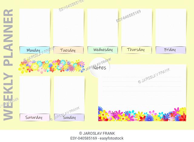 Seasonal weekly planner on the light yellow background with summer flowers design. Chart for notes and white charts for each day of the week are ready for your...
