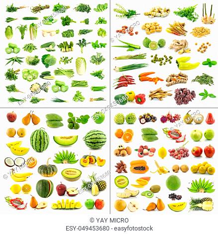 fruit, vegetable and spices isolated on white background