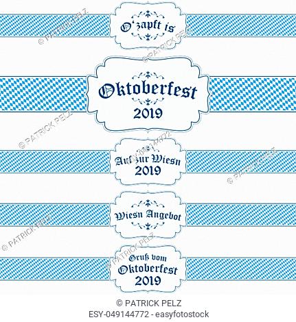 five different blue and white Oktoberfest 2019 banners with text