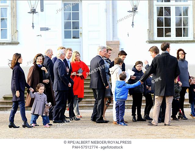 Royals guests and grandchildren of the Queen attend the wake up call for the 75th birthday of Queen Margrethe (in the window) at Fredensborg, Denmark