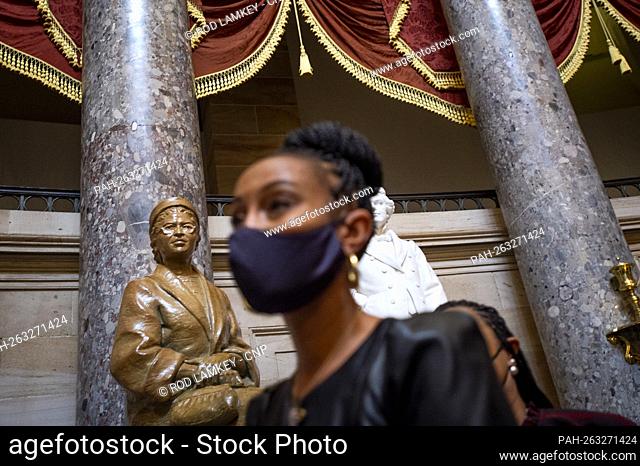 United States Representative Shontel Brown (Democrat of Ohio), stands under the statue of Civil Rights icon Rosa Parks, after being sworn-in as a member of the...