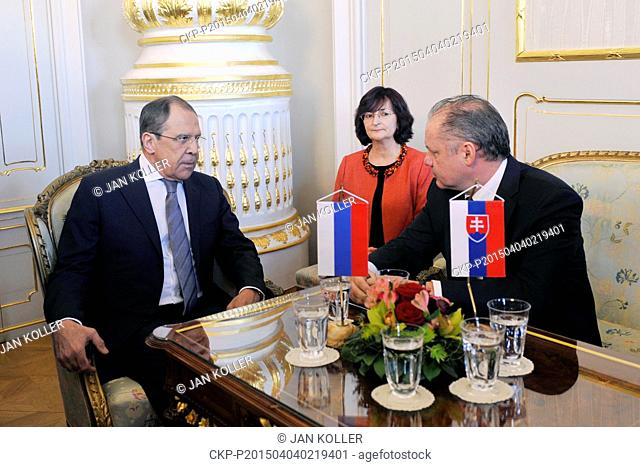 Slovak President Andrej Kiska, right, and Russian Foreign Minister Sergey Lavrov meets in Bratislava, on Saturday, April 4, 2015