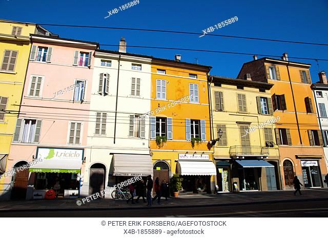 Shops and houses along Strada della Republica street central Parma city Emilia-Romagna region central Italy Europe