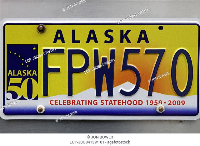 USA, Alaska, Skagway. Alaska number plate in Skagway