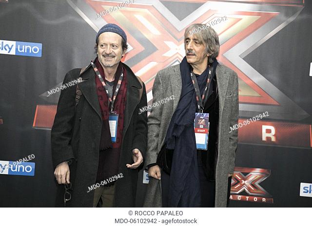 Italian actors Rocco Papaleo and Sergio Rubini attends at photocall of the final night of the talent show X-Factor 2018 at the Assago Forum