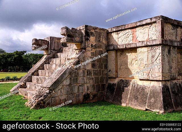 Jaguar heads of the Venus Platform, Ancient Maya Ruins, Chichen Itza Archaeological Site, Yucatan, Mexico