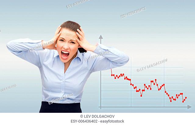 business, bankruptcy, desperation, people and stress concept - angry screaming businesswoman over gray background and forex graph going down
