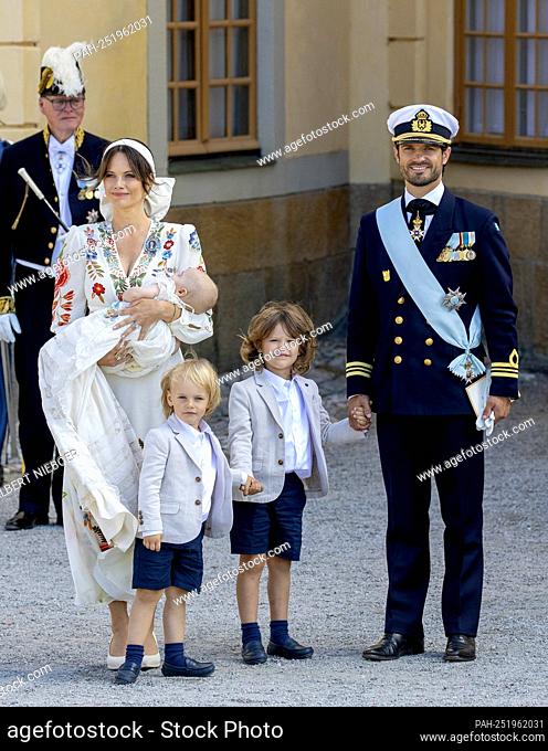 Prince Carl Philip, Princess Sofia, Prince Alexander, Prince Gabriel and Prince Julian of Sweden leave at the chapel of Drottningholm Palace in Stockholm