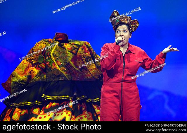 17 May 2021, Netherlands, Rotterdam: Singer Manizha (Russia) performs with her band and the song ""Russian Woman"" during the second dress rehearsal of the...
