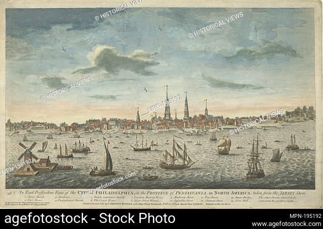 An east perspective view of the city of Philadelphia, in the province of Pensylvania, in North America; taken from the Jersey shore. Heap, George (fl