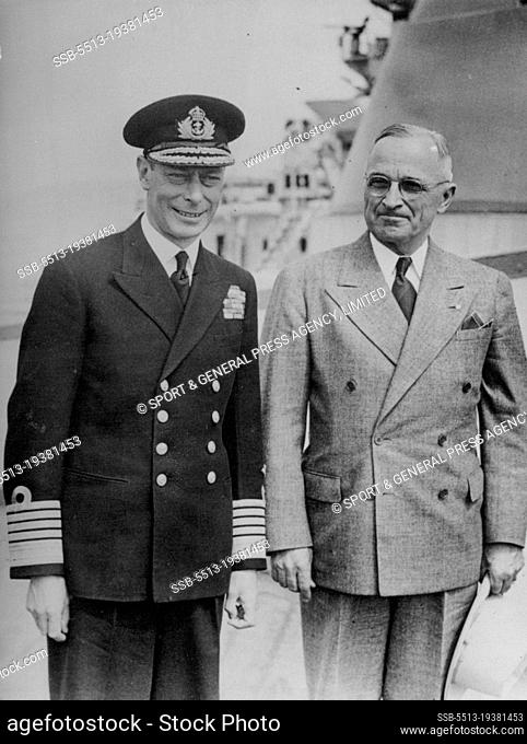 H.M. The King and President Truman Meet on H.M.S. Renown in Plymouth Sound:H.M. The King and President Truman aboard H.M.S. Renown. August 20, 1945