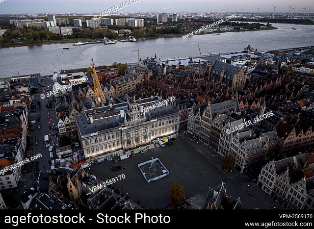 Illustration picture shows an aerial view on the city hall and the Schelde - Escaut - Scheldt river in the city center of Antwerp Thursday 22 October 2020