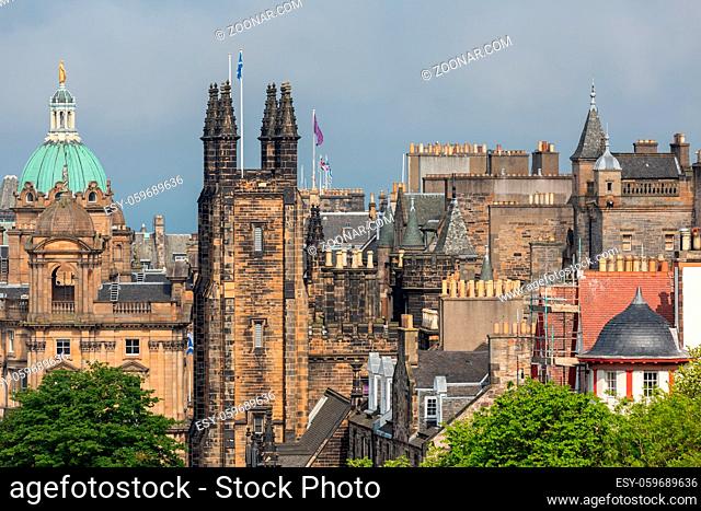 View from Scottish Edinburgh castle at skyline old medieval city with towers of Assembly hall and dome of Museum On The Mound