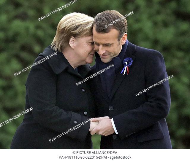 10 November 2018, France, Compiegne: German Chancellor Angela Merkel (CDU) and French President Emmanuel Macron commemorate the end of the First World War 100...