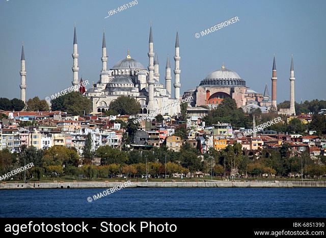 View of the Blue Mosque and Hagia Sophia from the Sea of Marmara, Istanbul Turkey