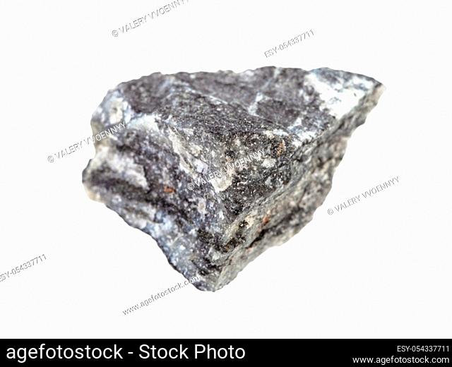 closeup of sample of natural mineral from geological collection - unpolished Stibnite (Antimonite) ore isolated on white background