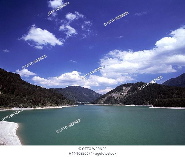 Sylvensteinstausee, Sylvensteinsee, Isarwinkel, lake, reservoir, dam, power station, alps, Upper Bavaria, Bavaria, Ger