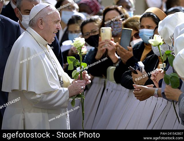 Pope Francis during the General audience in the Saint Damaso courtyard. First General Papal audience of Wednesday outside after months of closure due to the...