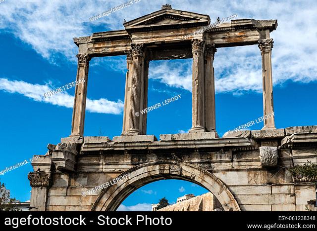 Athens Old Town, Attica, Greece - 12 28 2019 View over the entrance of the temple of Olympian Zeus with a blue sky background