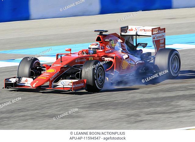 2015 Formula 1 Winter Testing Day 4 Jerez Feb 4th. Scuderia Ferrari driver Kimi Raikkonen takes to the Jerez circuit on day 4 of the test and locks up his...