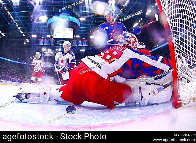 RUSSIA, ST PETERSBURG - DECEMBER 21, 2023: CSKA concedes a goal in a 2023/24 KHL Regular Season ice hockey match between SKA St Petersburg and CSKA Moscow at...