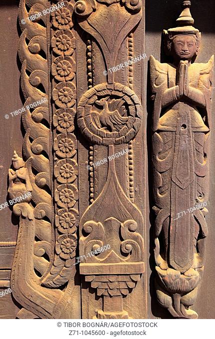 Myanmar, Burma, Mandalay, Shwe In Bin Kyaung wooden monastery, woodcarving detail