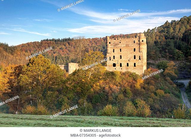 Castle Balduinseck (Baledeneck), Mörsdorfer Bach, Hunsrück, Rhineland-Palatinate, Germany