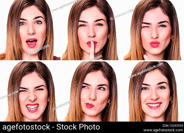 Multiple collage of beautiful young woman with different expressions. Isolated on white