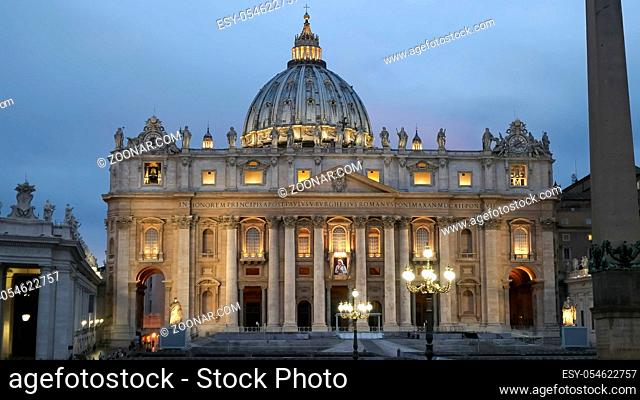 evening close up of st peter's basilica in vatican city