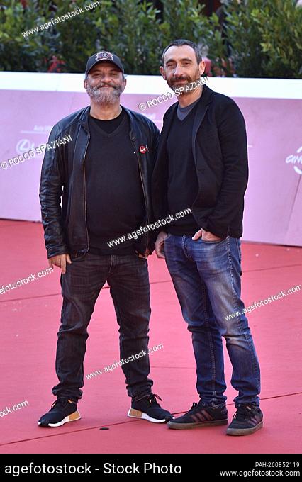 ROME, ITALY - OCTOBER 15: Marco Manetti and Antonio Manetti, aka Manetti Bros., attend the Manetti Bros red carpet during the 16th Rome Film Fest 2021 on...