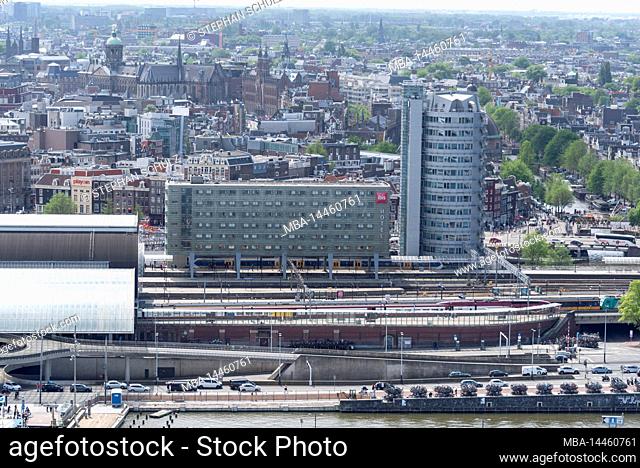 View from A'DAM Tower over Amsterdam, Ibis Hotel, Central Station, Tracks, Amsterdam, Netherlands