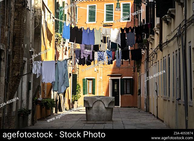 Laundry hanging to dry in Venice, Italy, Europe