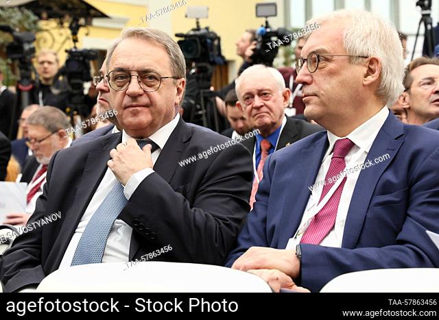 RUSSIA, MOSCOW - MARCH 14, 2023: Russia's Deputy Foreign Ministers Mikhail Bogdanov (L) and Alexander Grushko attend a ceremony to open the founding congress of...