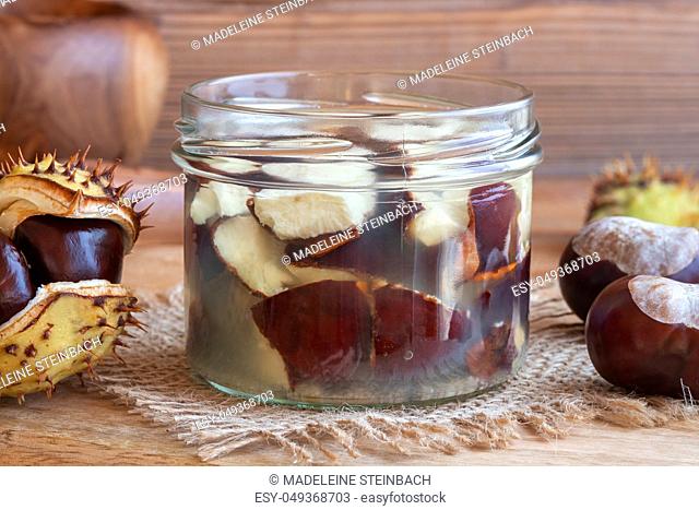 A jar filled with fresh horse chestnuts and alcohol, to prepare homemade tincture