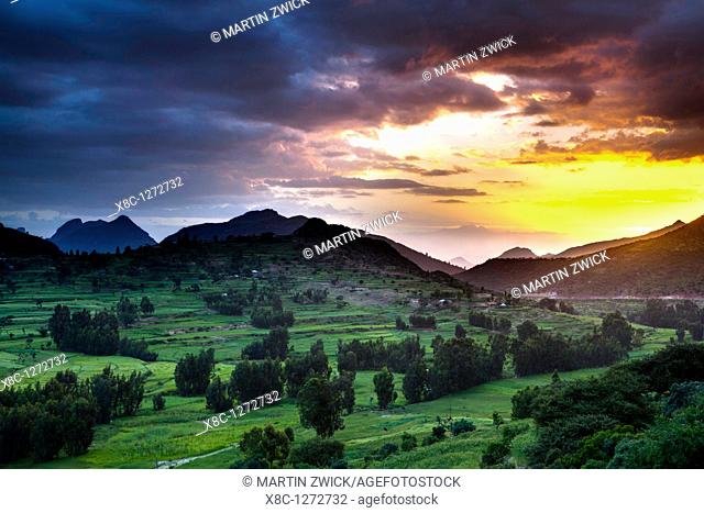 Landscape in the province Tigray, northern Ethiopia, the mountains of Adwa during sunset  Adwa is famous as a historic battle site  The battle of Adwa 1895 is a...