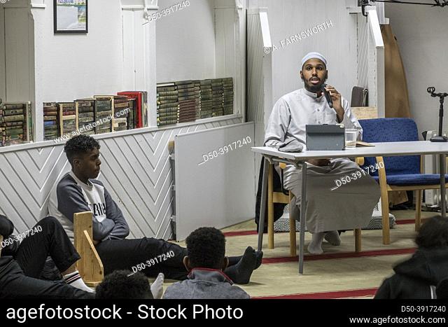 Stockholm, Sweden Community organizer Sadiq Yasin in the immigrant Rinkeby suburb or district during a Saturday Muslim sermon for youth