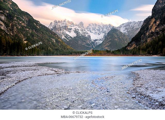 Carbonin, Dolomites, South Tyrol, Italy. Lake Landro with the peaks of the Cistallo group