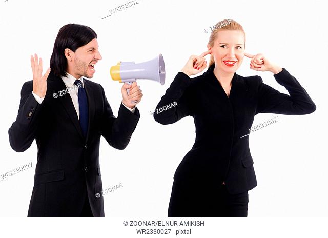 Businessman and businesswoman with megaphone isolated on white