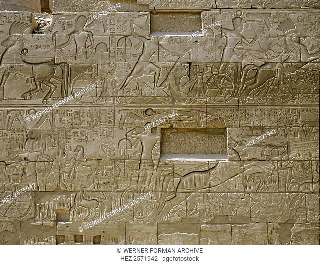 Relief from the northern wall of the hypostyle hall at the great temple of Amun. It depicts the campaigns of King Sethos I against the Libyans and Hittites